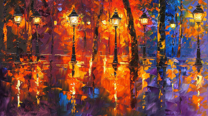 Bold orange and subtle violet hues in an abstract park scene, painted with a palette knife.