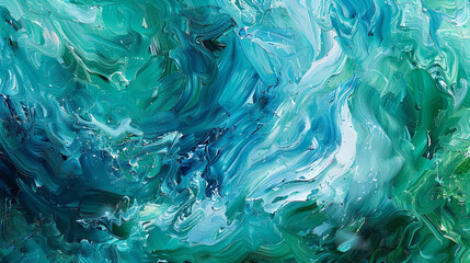 Cerulean and emerald in an abstract expressionist canvas capture the powerful surge of ocean currents.