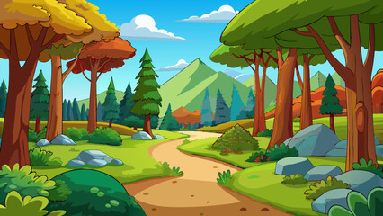 Sunny Forest Pathway - lush forest with winding pathway leading towards distant mountains