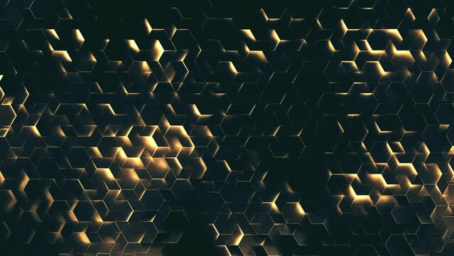 Gold Hexagonal Geometric Pattern. Glowing hexagonal edges on a black background. Looped video.