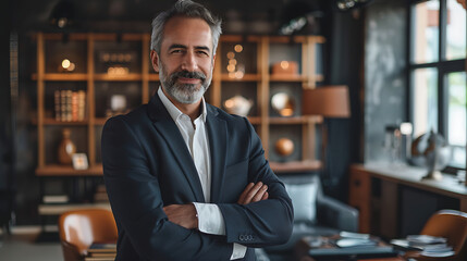 Mature businessman in suit, arms crossed in stylish office.