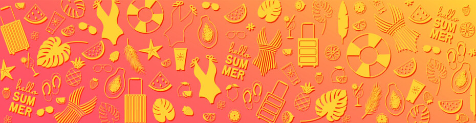 Colorful summer banner with icons of swimwear, sunglasses, fruits, tropical plants, flip-flops. Banner design template for shopping sale, promo poster, web and social media.