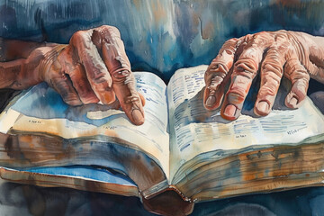 A painting showing two hands gripping an open book firmly, showcasing a sense of learning and discovery