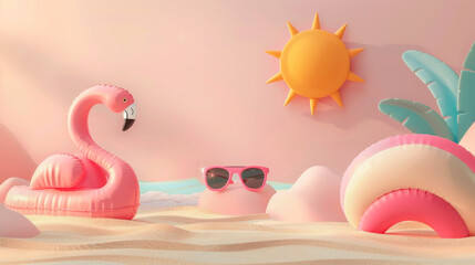 3D rendering of a summer beach background with the sun, sunglasses, and an inflatable flamingo on the sand.