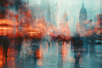 Obraz premium Vibrant, abstract depiction of urban life using double exposure to create a bustling city atmosphere