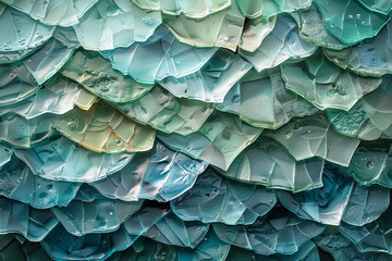 Naklejka premium A collage using pieces of recycled blue and green plastic that resemble sea glass, arranged to suggest waves crashing onto sand,