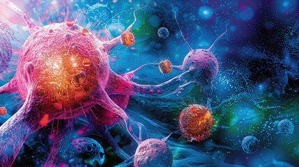 A vivid illustration showing cancer cells with immune system components engaged in molecular combat, highlighting the complexities of cellular interactions
