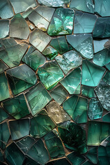 A mosaic made with shards of blue and green glass, arranged to reflect light as if sparkling on water,