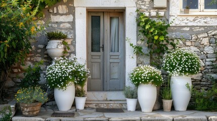 Fototapeta premium a row of white flower pots adorned with lush green plants, complemented by an outdoor table and chairs on a street corner, with a charming blue door in the background, illuminated by the warm rays.