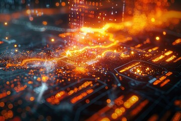 Fototapeta premium An intricate deep dive into a motherboard with glowing particles indicating digital data streaming