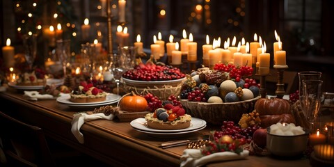 Festive Christmas table with traditional food and candles. Selective focus.
