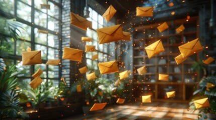 A dynamic scene with yellow envelopes flying through the air, each of which contains an invitation for potential customers of my marketing business. In the background is a modern office with shelves a