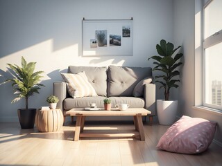 A modern living room with a gray sofa, wooden coffee table, and indoor plants by a sunny window.