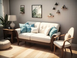 A cozy living room with a white sofa adorned with blue pillows, a wooden side table, and a stylish armchair.