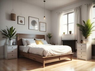 A bedroom with a wooden bed, white dresser, and a window with a plant. The room has a clean and simple design, with a neutral color palette
