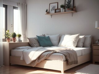A bedroom with a white bed and a white blanket. There are potted plants on the bedside table