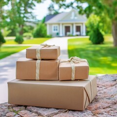 Packages delivered at Front Door on the Porch - Growth in E-commerce Sales - Online Shopping - Package Theft from Front Doors - Pressure on Postage due Increase of E-commerce - Parcels Stacked