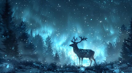 Majestic Deer Silhouettes in Winter Forest Under Aurora Borealis Lights