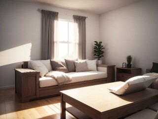 A cozy living room in a building property with wooden flooring, featuring a comfortable couch and coffee table. Interior design includes plants by the window