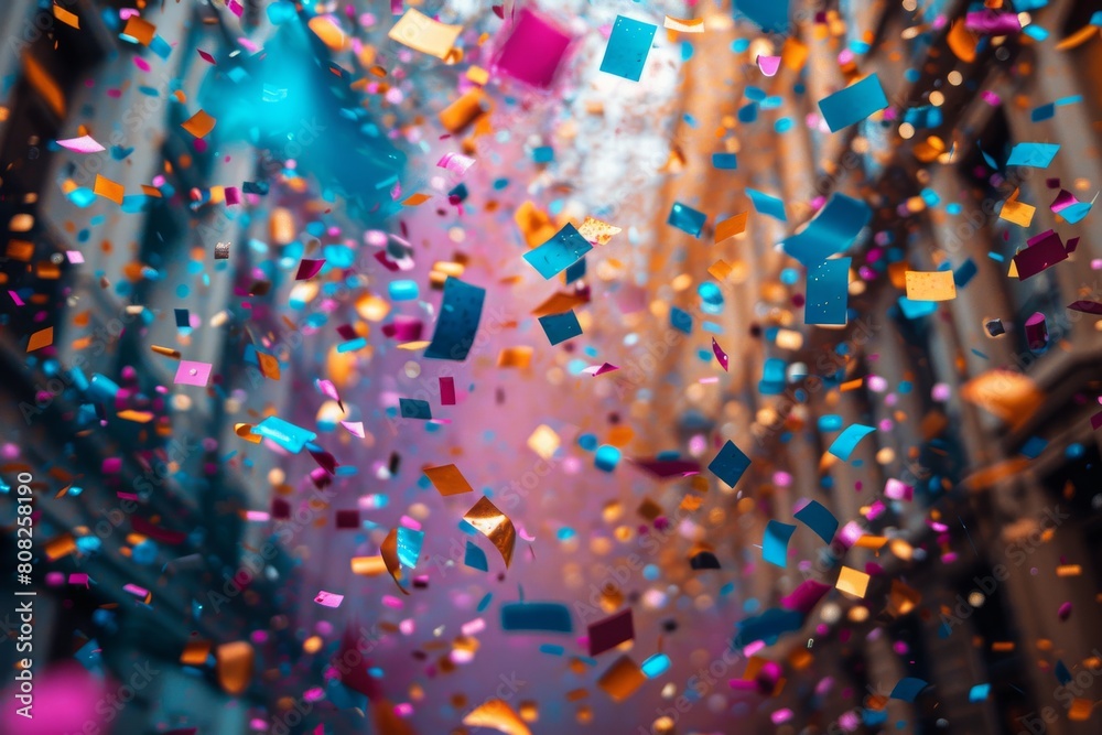 Poster a shower of colorful confetti with a soft bokeh light effect creating an atmospheric celebratory ima
