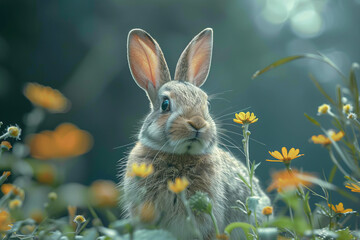 A detailed, almost mystical depiction of a rabbit in a natural setting, with an emphasis on natureâ€™s intricate beauty and symbolic meaning,