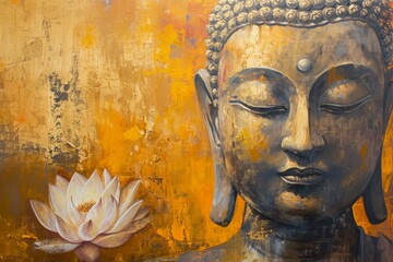 Oil painting of Buddha with lotus, shades of yellow-orange, and gold, peaceful, glowing 3d golden Buddha and Abstract gold oil painted , AI generated