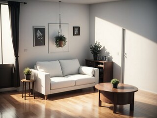 Tranquil modern living room bathed in natural sunlight, featuring a comfortable sofa, elegant decor, and clean, minimalist aesthetic