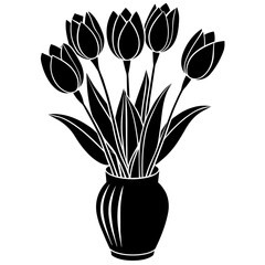 Tulips on the vase vector silhouette on white background 