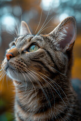 Obraz premium A depiction of a cat as a series of interlocking shapes and colors, focusing on the emotion of curiosity rather than realistic portrayal,