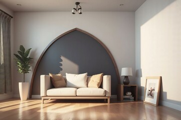 Stylish contemporary living room featuring an arch wall niche, cozy sofa, wood floors, and subtle decorative elements in warm light