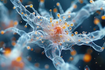 An intricate digital illustration resembling a neural network with orange and yellow highlights suggesting connectivity and complexity