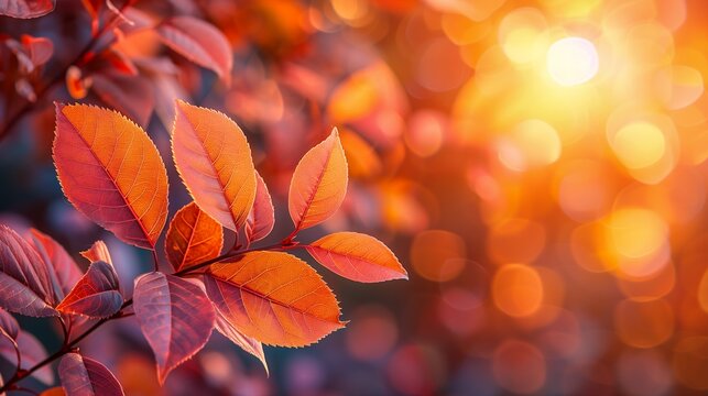 closeup leaf sun shining background pink orange flowers blur red leaves ground radiate connection anisotropic filtering small clocks rose autumn bare trees