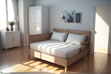Cozy and inviting bedroom bathed in natural sunlight with a neatly made bed, wooden furniture, and tasteful wall art