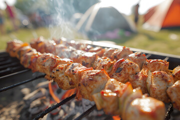 At the camping picnic, skewers loaded with meat and vegetables sizzle on the barbecue grill