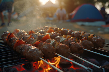 At the camping skewers loaded with meat and vegetables sizzle on the barbecue grill