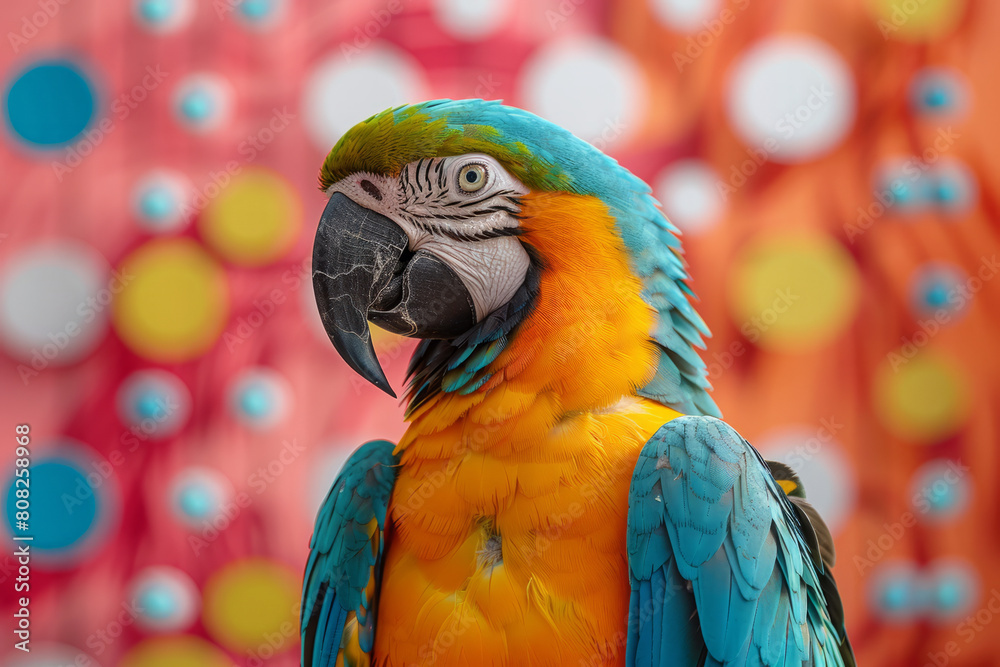 Wall mural A brightly colored parrot, its feathers bold and graphic, set against a backdrop of repeating polka dots and comic strip bubbles,