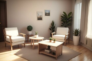 Serene living room setup featuring comfortable seating, wooden furniture, indoor plants and ambient sunlight filtering through a sheer curtain