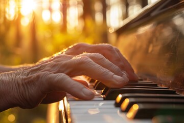 Hands playing the piano in a beautiful forest in nature