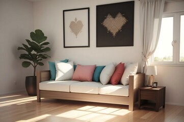 Modern living room featuring a white sofa adorned with colorful pillows, framed artwork on the wall, a large potted plant, and sunlight streaming through a window.