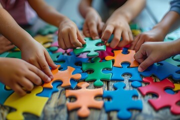 Image of business professionals' hands fitting together puzzle pieces on a table, symbolizing strategic planning and mutual support in teamwork.