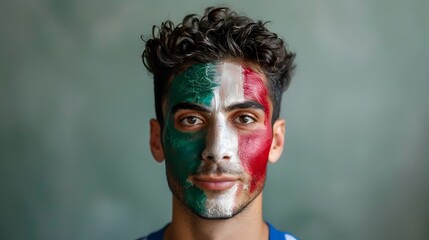 Passionate soccer fan with vibrant face paint in national flag colors celebrates team spirit and cultural identity