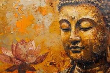 Oil painting of Buddha with lotus, shades of yellow-orange, and gold, peaceful, glowing 3d golden Buddha and Abstract gold oil painted , AI generated