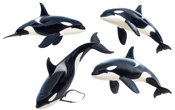 Collection of orca, killer whales on transparent or white background
