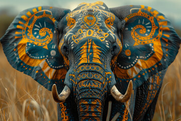 Fototapeta premium An elephant with a tapestry of tribal patterns on its skin, its trunk raised to create the sound of thunder, symbolizing strength and memory,