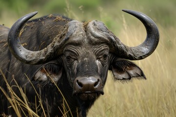 Close-up of an african buffalo's head in the wild, with a sharp focus on its features