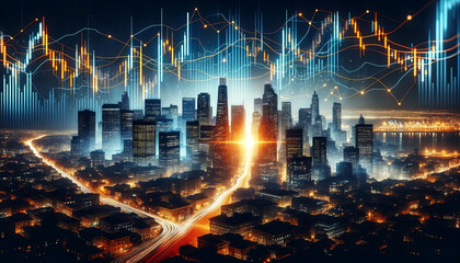 Experience the pulse of a bustling city with this fusion of urban skyline and dynamic financial charts