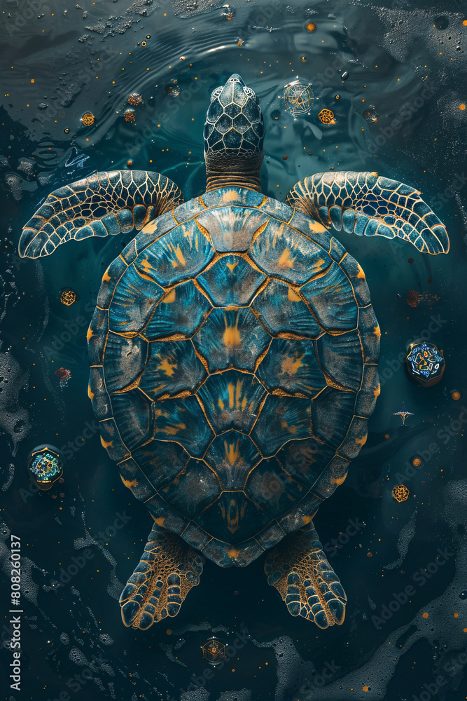 Aufkleber a turtle with a shell patterned like an intricate mandala, carrying the world on its back as it trav