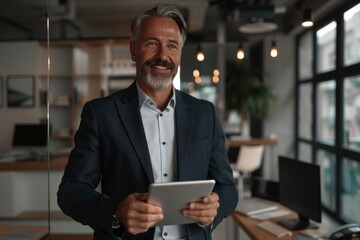 Old business man CEO with grey hair wearing suit standing in office using digital tablet. Smiling mature businessman professional executive manager looking away thinking working on tech device