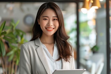 Happy young Asian saleswoman welcoming client. Smiling woman executive manager, secretary offering professional business services holding digital tablet standing in office