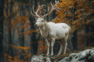 A white stag with antlers that branch into tree-like limbs, connecting the earth to the sky in a mystical forest,